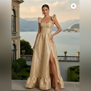 Glamorous Gold Maxi Dress with Ruffle Sleeves